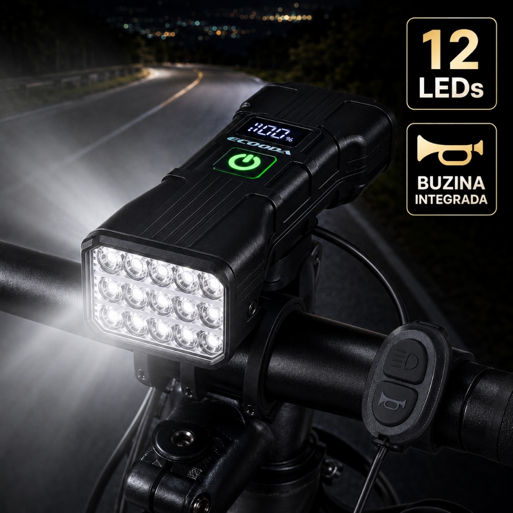 Farol de Bicicleta 12 LEDs com Buzina Integrada Display Digital Controle no Guidão Recarregável USB para Ciclismo Noturn