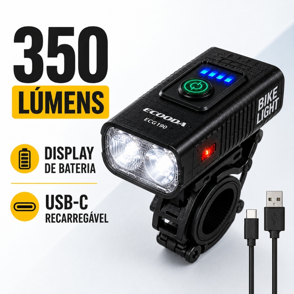 Farol para Bicicleta 350 Lúmens 2 LEDs USB-C com Visor de Bateria e Luz Lateral EC6190 ECOODA