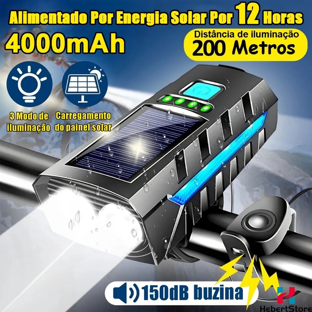 Farol de Bicicleta Solar com Buzina e Power Bank 12h 3 Modos de luz LED Recarregável À Prova de Água