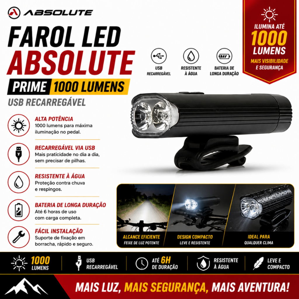 FAROL LED ABSOLUTE PRIME 1000 LUMENS USB BIKE