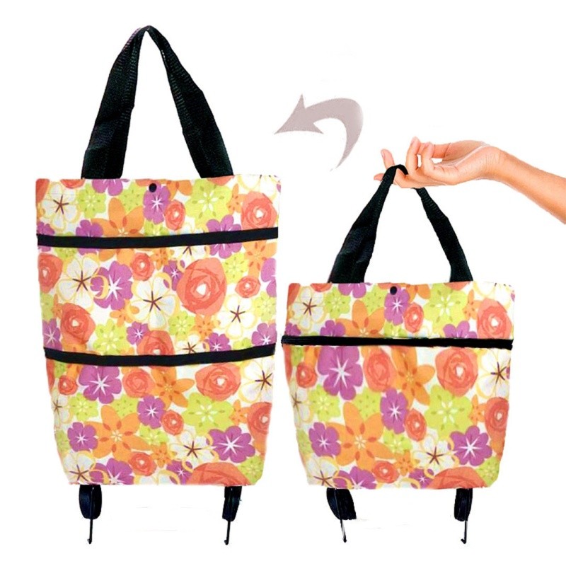 2 Kit Bag De Compras Com Roda Arrasto Confortável Dobra Compacta Portátil Armazenamento 3D Regula Capacidade