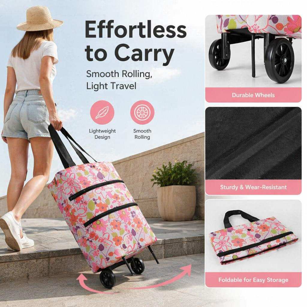 2 Kit Bag De Compras Com Roda Design De Arrasto Plegável Portátil Armazenamento 3D Regulação De Capacidade