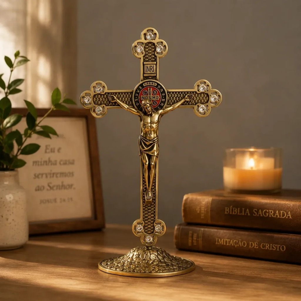 Crucifixo Mesa Medalha São Bento Ouro Velho Grande 25cm