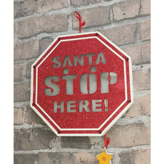Placa Decorativa Natal Santa Stop Here Com Luz Grande 25cm
