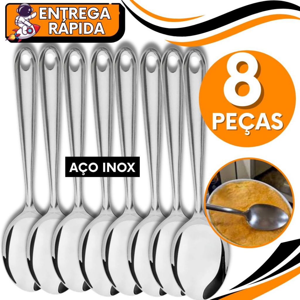 KIT JOGO 8 Colher de Servir Arroz Grande Cabo Longo 25cm Brilhante Inox  Utensilio Casa Cozinha Restaurante Bar Buffet