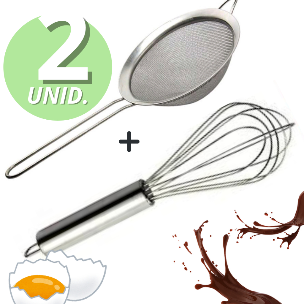 Kit Peneira Coador Inox 10cm e Fuê Grande Batedor de Ovos 30cm Para Bolos Pascoa Receitas Utensílios