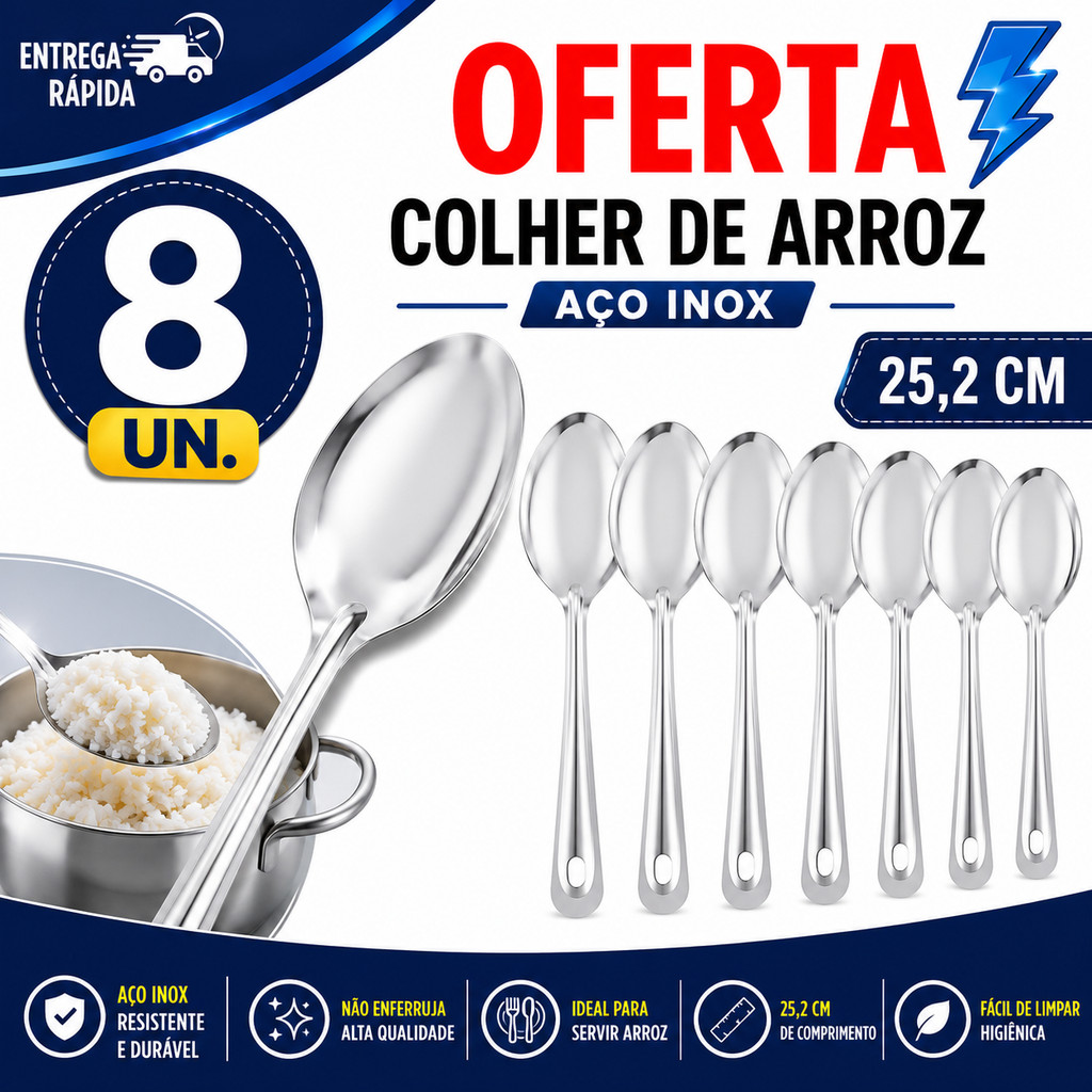CONJUNTO 8 COLHERES DE ARROZ INOX 25CM GRANDE SERVIR REFEIÇÕES COZINHA
