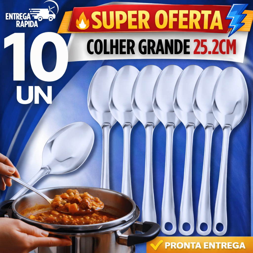 10 COLHER DE ARROZ INOX 25CM KIT GRANDE RESISTENTES UTENSÍLIOS PARA COZINHA RESTAURANTE LANCHONETE SERVIR