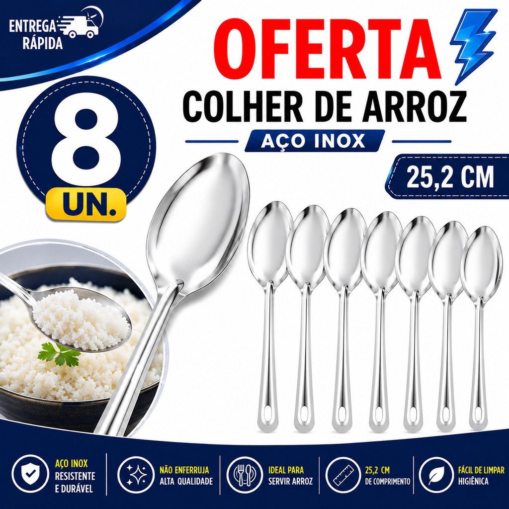 COLHER GRANDE INOX 25CM PARA ARROZ FEIJÃO FAROFA RESTAURANTE 8UN