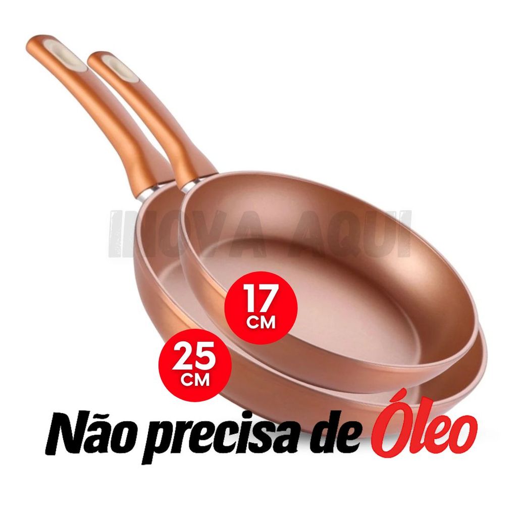 Conjunto 2/1 Frigideira Pequena e Grande 17cm e 25cm Antiaderente Estilo Cobre Premium Revestimento Cerâmico