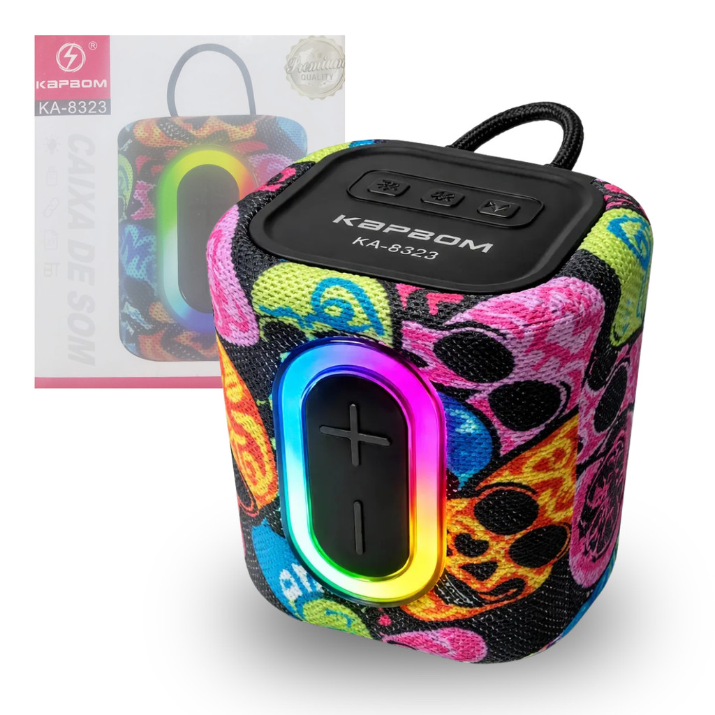 Caixa De Som Bluetooth Estampa Caveira 10W TWS Com Led RGB Kapbom