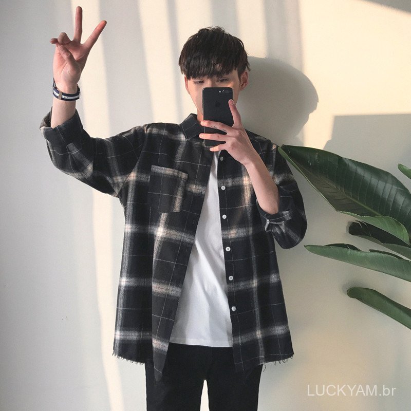 [Advanced Sense]Men's long-sleeved shirt ins Men's plaid shirt in Hong Kong style, casual long-sleeved shirt, trendy sli