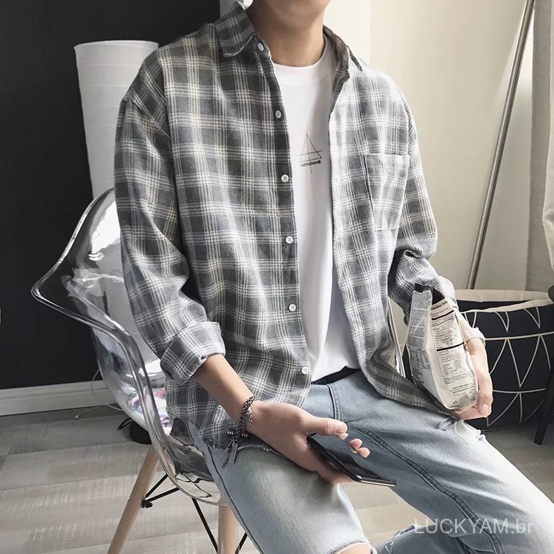[Casual shirt]Autumn and Winter Light jacket Plaid shirt Hong Kong style plaid shirt for men, long-sleeved, loose fit, K