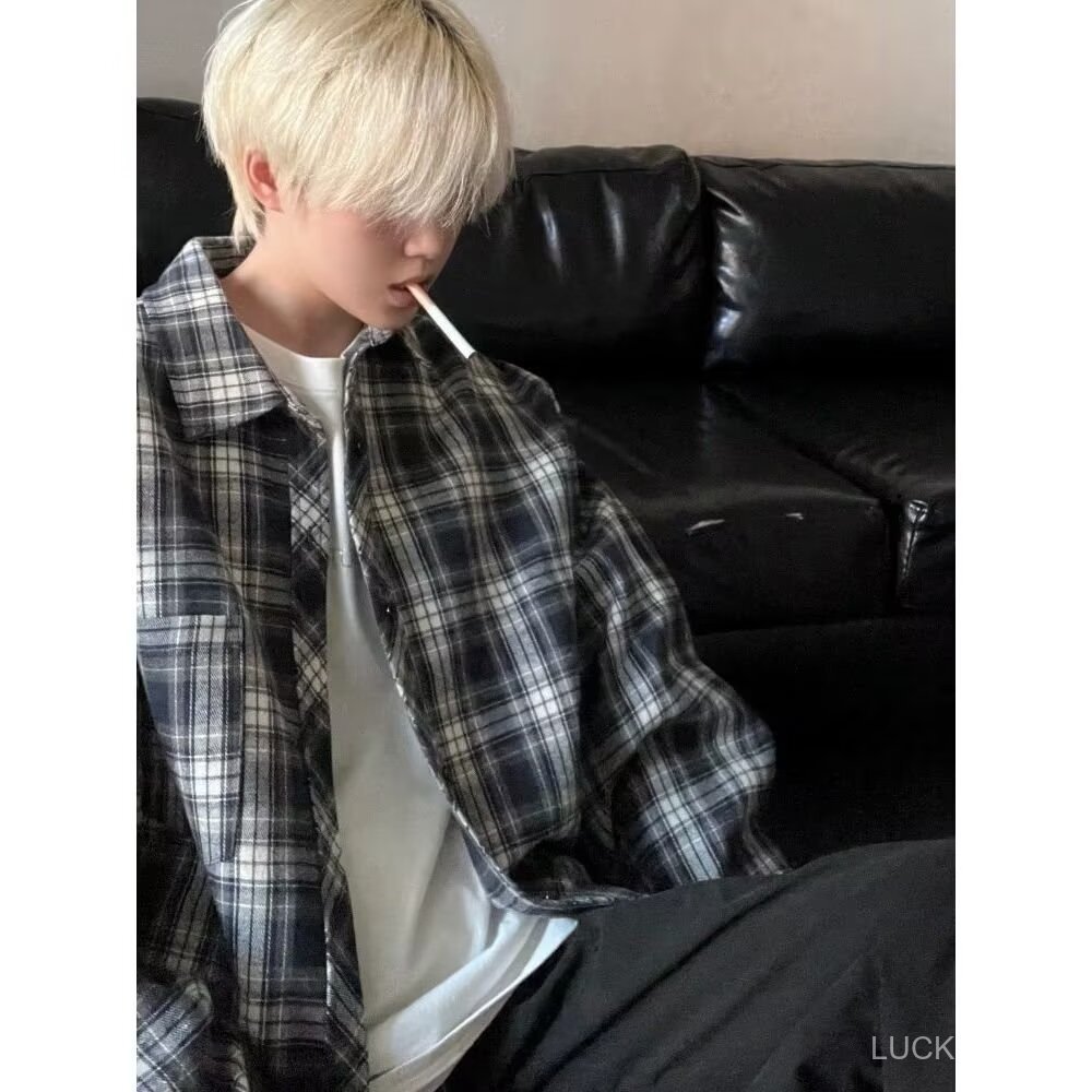 [ Long Sleeve Shirt]Japanese-style tops Light jacket Long-sleeved plaid shirt for men, new spring and autumn style, loos