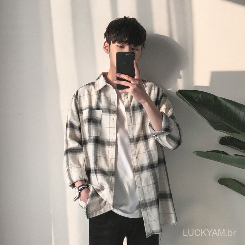 [New Product Special Sale]Fans find bargains Grid lover ins Men's plaid shirt in Hong Kong style, casual long-sleeved sh