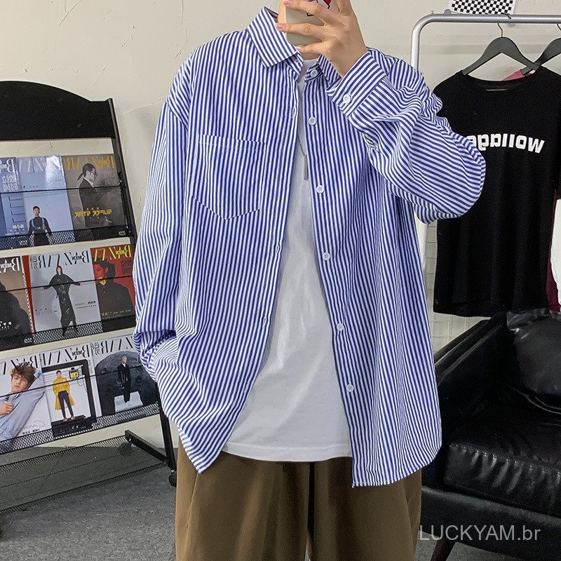 [Plaid Shirt]Outer Wear Light jacket Blue striped men's long-sleeved spring shirt, Japanese-style thin Korean fashion ca