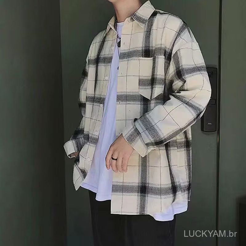 [Advanced Sense]Men's long-sleeved shirt Japanese-style trendy versatile plaid casual new spring style ins Stylish long-