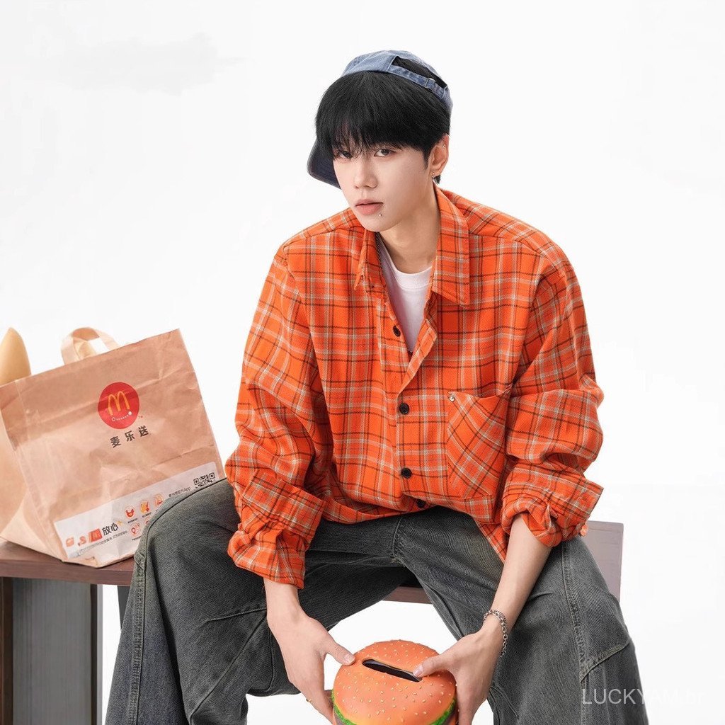 [Advanced Sense]Men's long-sleeved shirt Autumn Men's American Retro Orange Plaid Shirt, Fashionable Vintage Versatile C