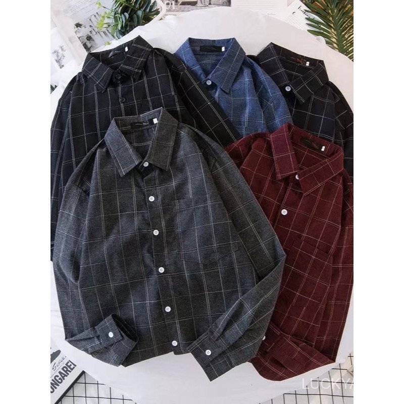 [ Long Sleeve Shirt]Japanese-style tops Light jacket Long-sleeved plaid shirt for men, Hong Kong style trendy brand ins