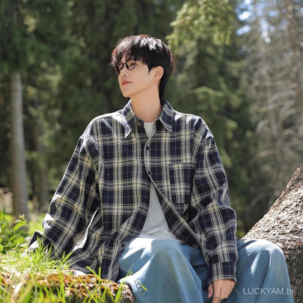 [Vintage style]Plaid Shirt Advanced Sense Japanese-style long-sleeved navy blue shirt for men, vintage early spring and