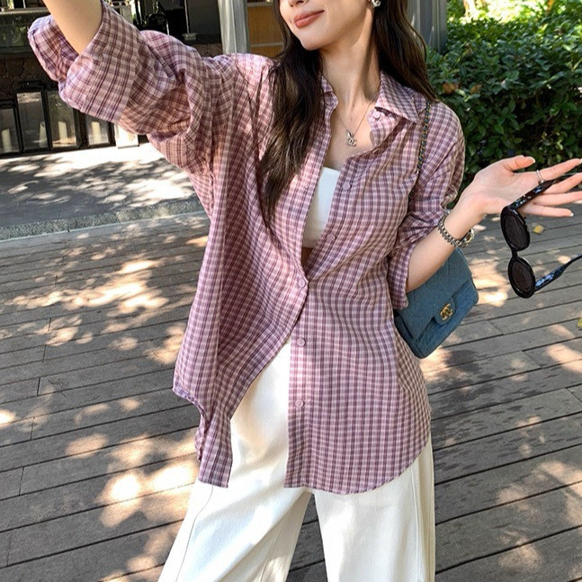 Long-sleeved plaid shirt jacket for women, stylish loose-fitting shirt