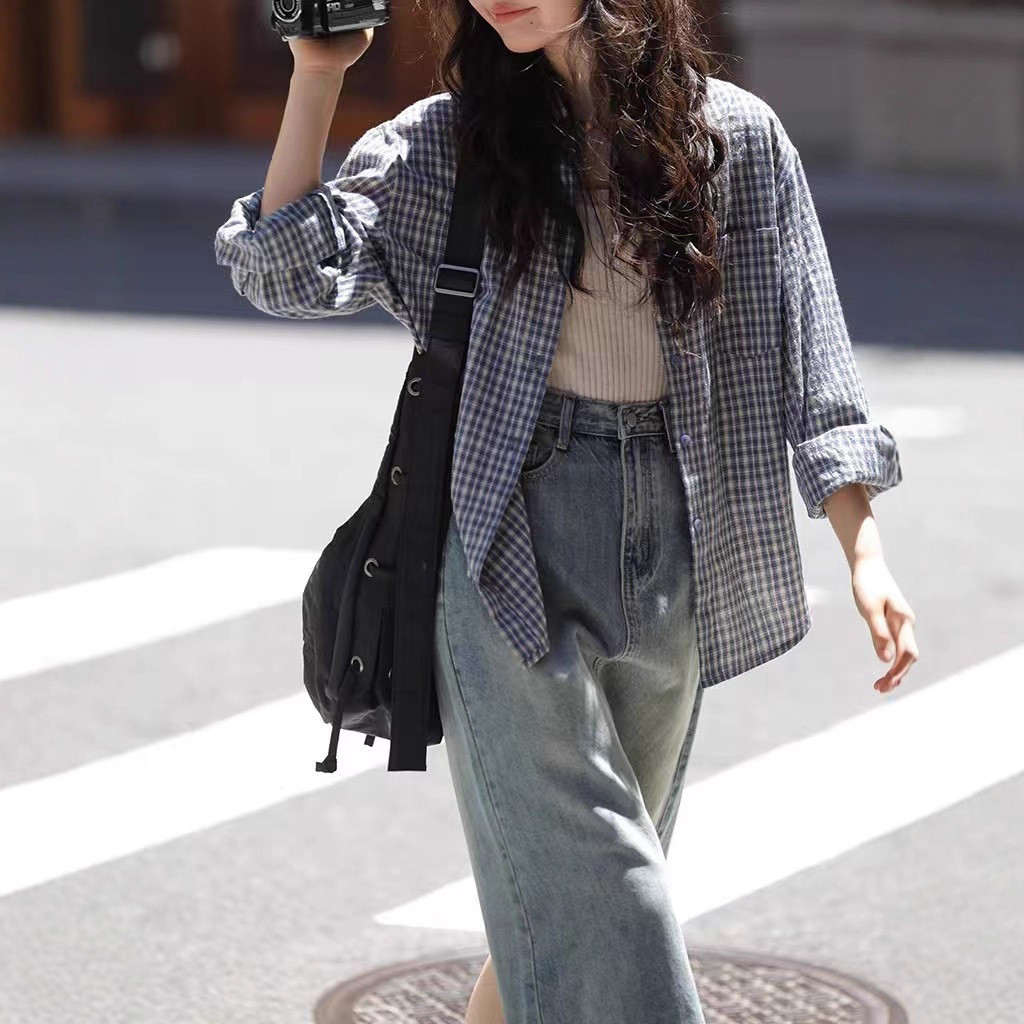 Long-sleeved plaid shirt jacket for women, new early autumn design, stylish and elegant loose-fitting top