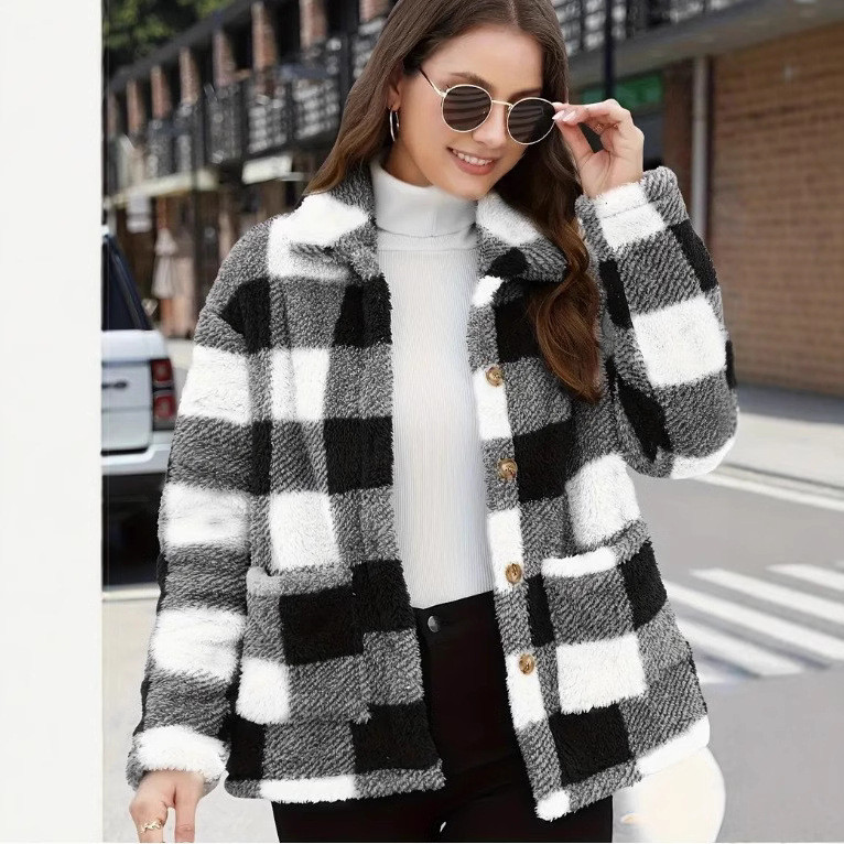 [Toque Aconchegante] Winter Fashion Plaid Long-Sleeved Casual Jacket Casaco/Feminino/Xadrez/Casual