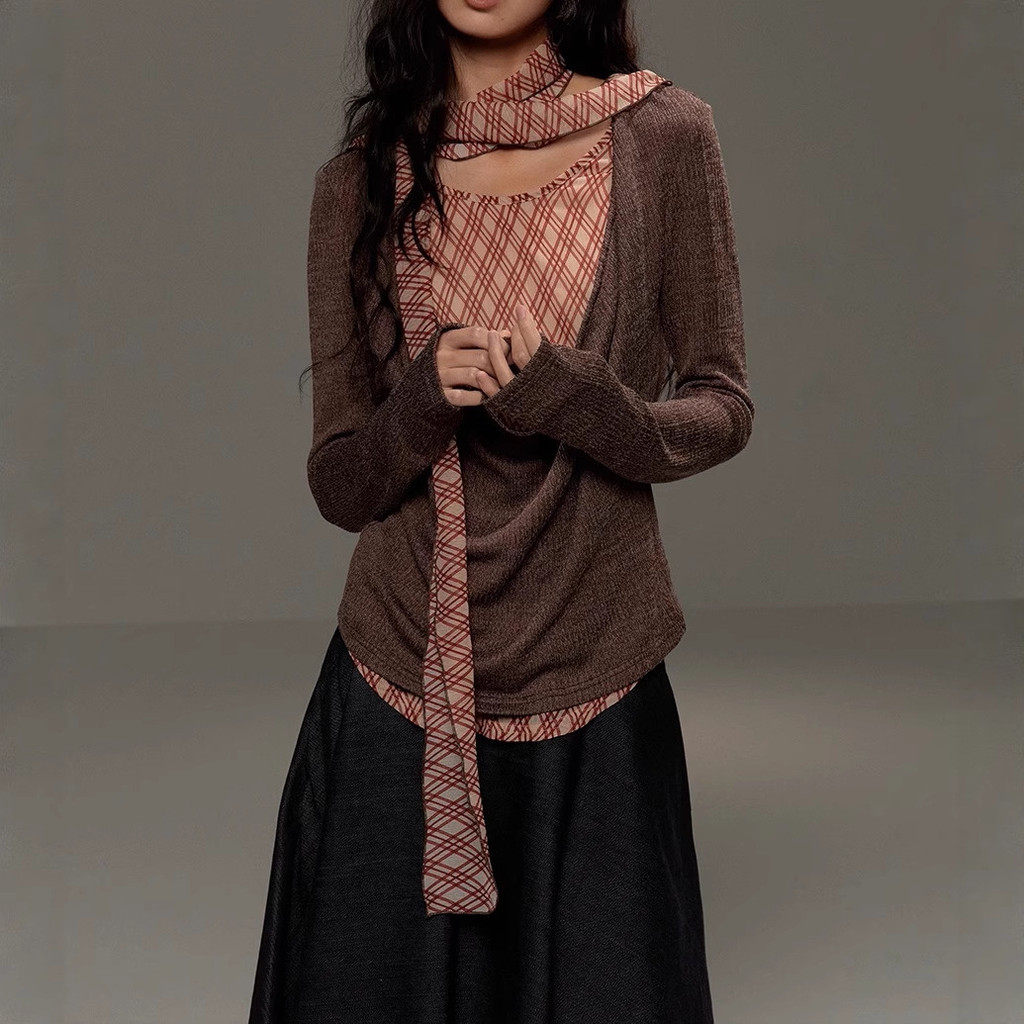 Designed with bow ties, brown color, faux two-piece plaid, swing collar, long-sleeved top T Women's T-shirt