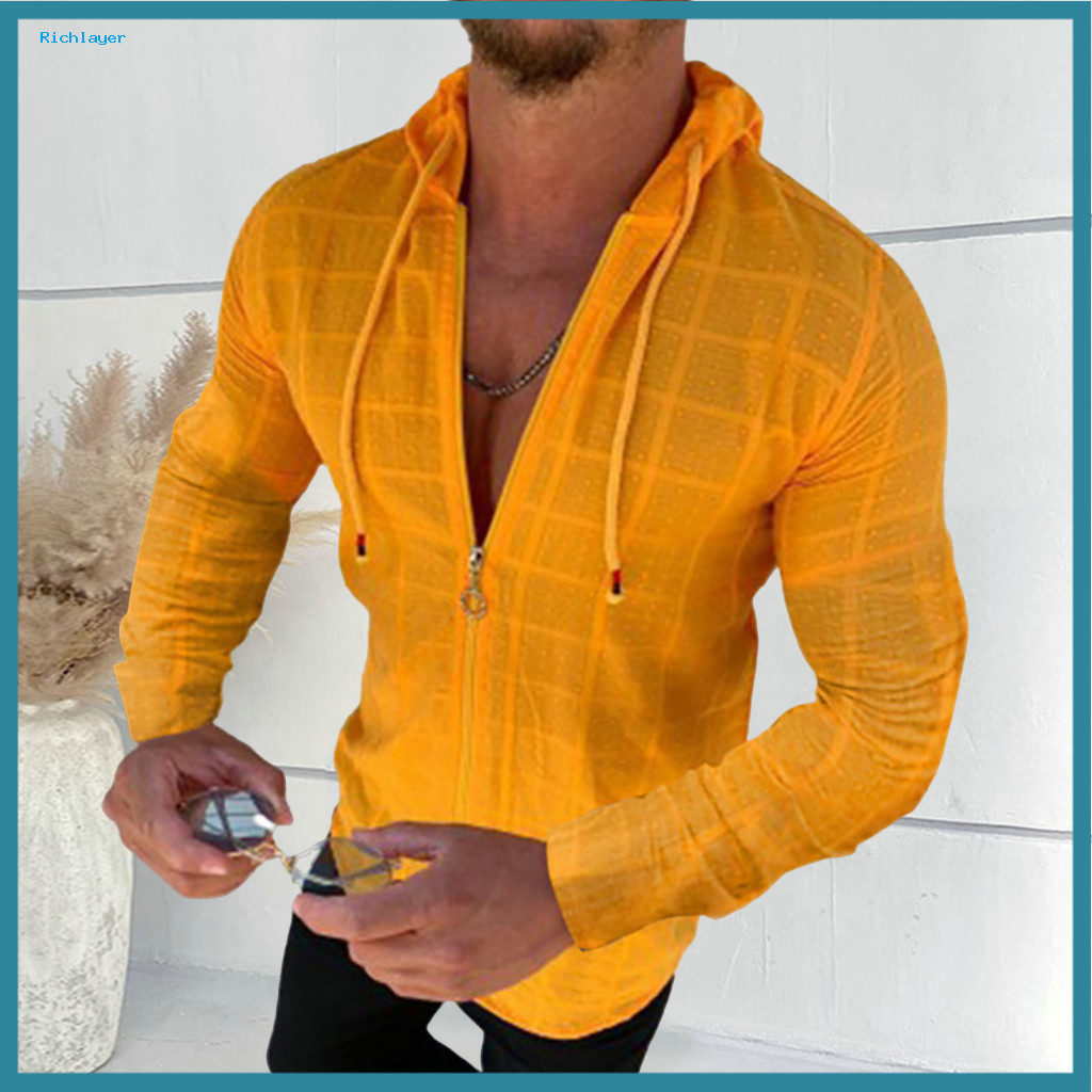 Lightweight Long-sleeved Shirt Cotton Blend Men Men's Zip-up Hooded Plaid Cardigan Long Sleeve T-shirt Casual Hip Hop St