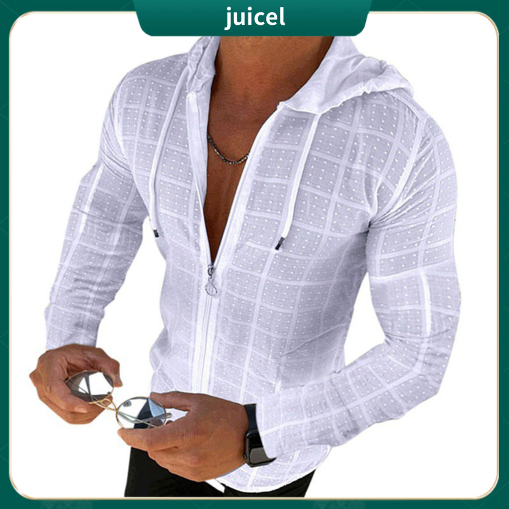 Solid Color Long-sleeved Shirt Cotton Blend Men Men's Zip-up Hooded Plaid Cardigan Long Sleeve T-shirt Casual Hip Hop St
