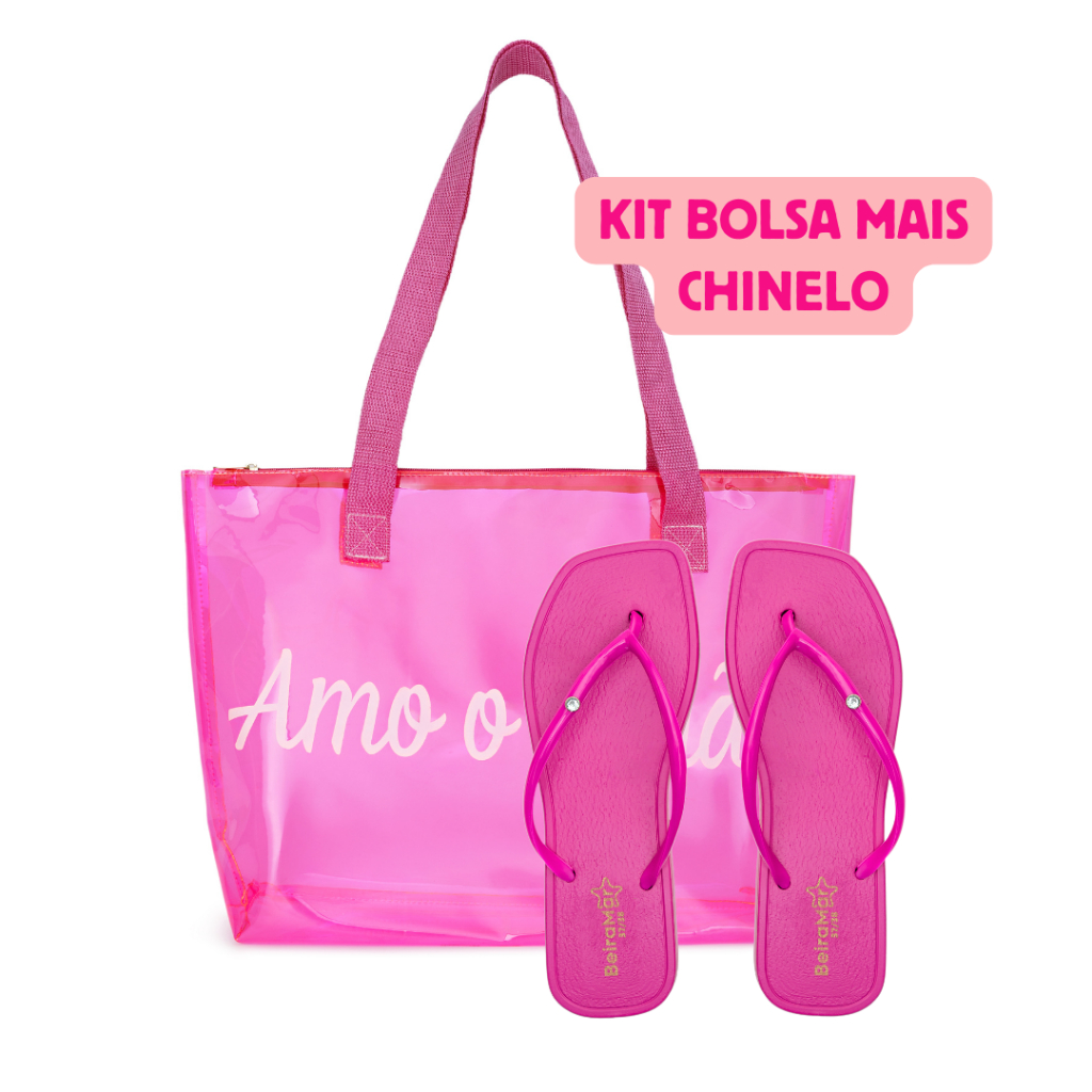 Kit Bolsa Transparente de Praia Feminina Mais Chinelo Square Bico Quadrado