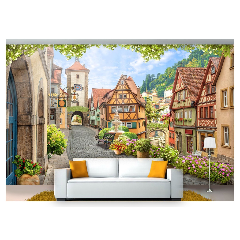 papel de parede Cidade Antiga Flores ruas 3D 7,5m² DAH34