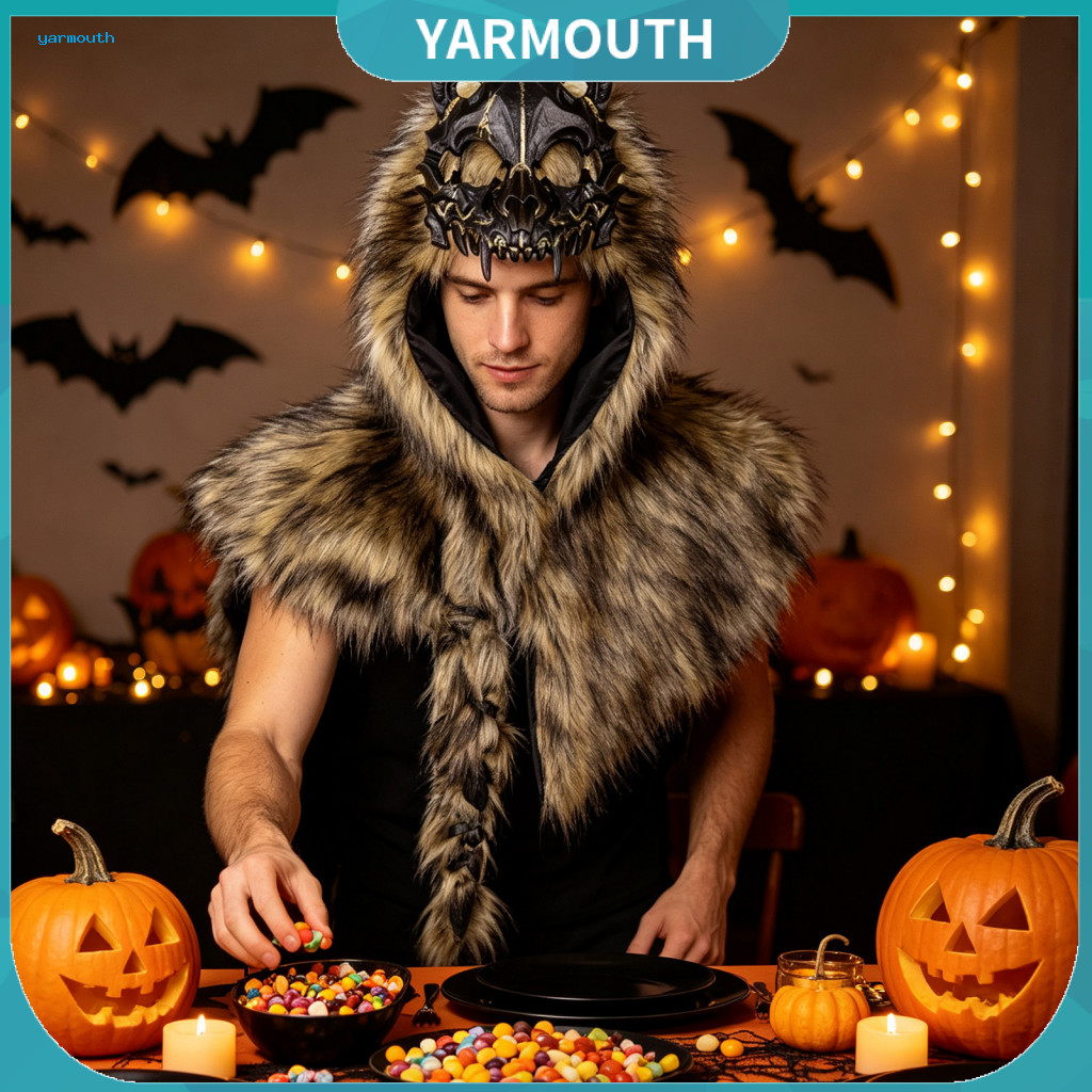 Script Killing Costume Props Viking Wolf Hooded Shawl Head Faux Fur Cape – Halloween Cosplay Party Stage Performance C