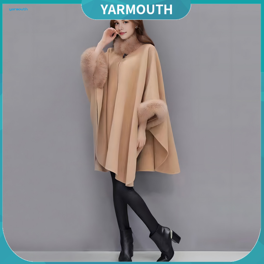 Wool Coat A-line Blend Lady Winter Cape with Dolman Sleeves Thick Shawl Collar Faux Fur Decor Warm Loose Poncho for Work