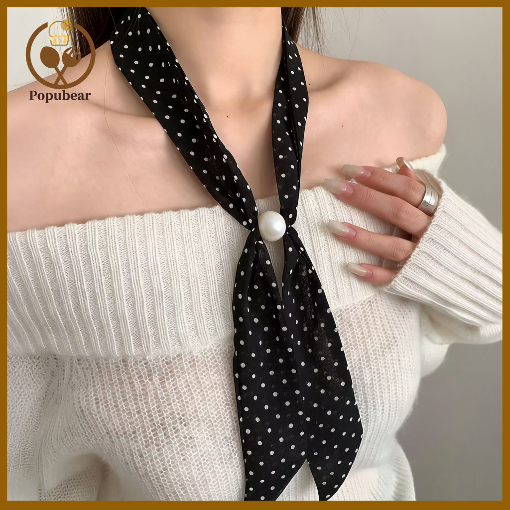 Practical Scarf Faux Pearl Buckle Women’s Lightweight Chiffon Satin with Imitation Retro Style Black and White Polka D