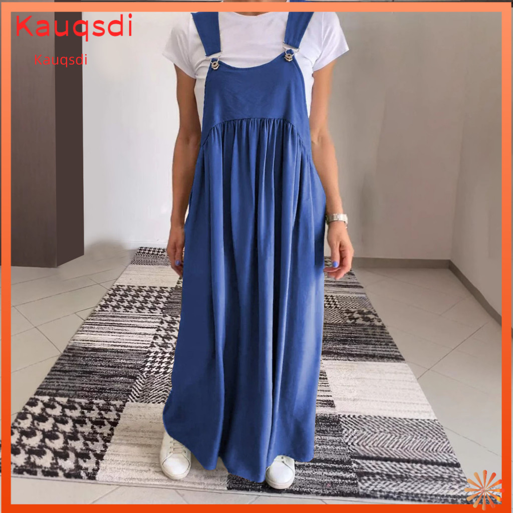 Summer Suspender Dress Pleated Detail Long Women’s Oversized Backless Maxi Collarless Solid Color for Travel Beach Wea