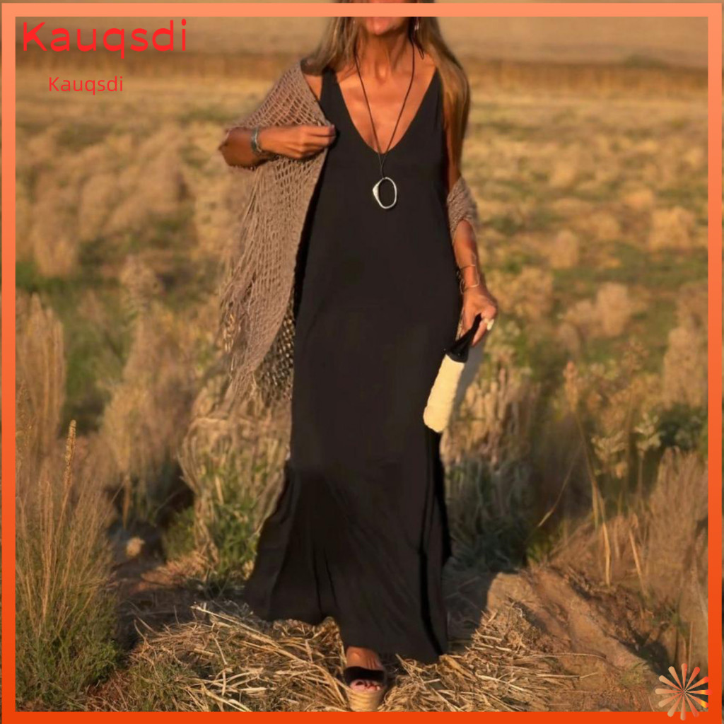 Women Polyester Dress Loose A-line Women’s Summer Cami V-neck Split Maxi Beach Sundress Lightweight Travel Vacation Ou