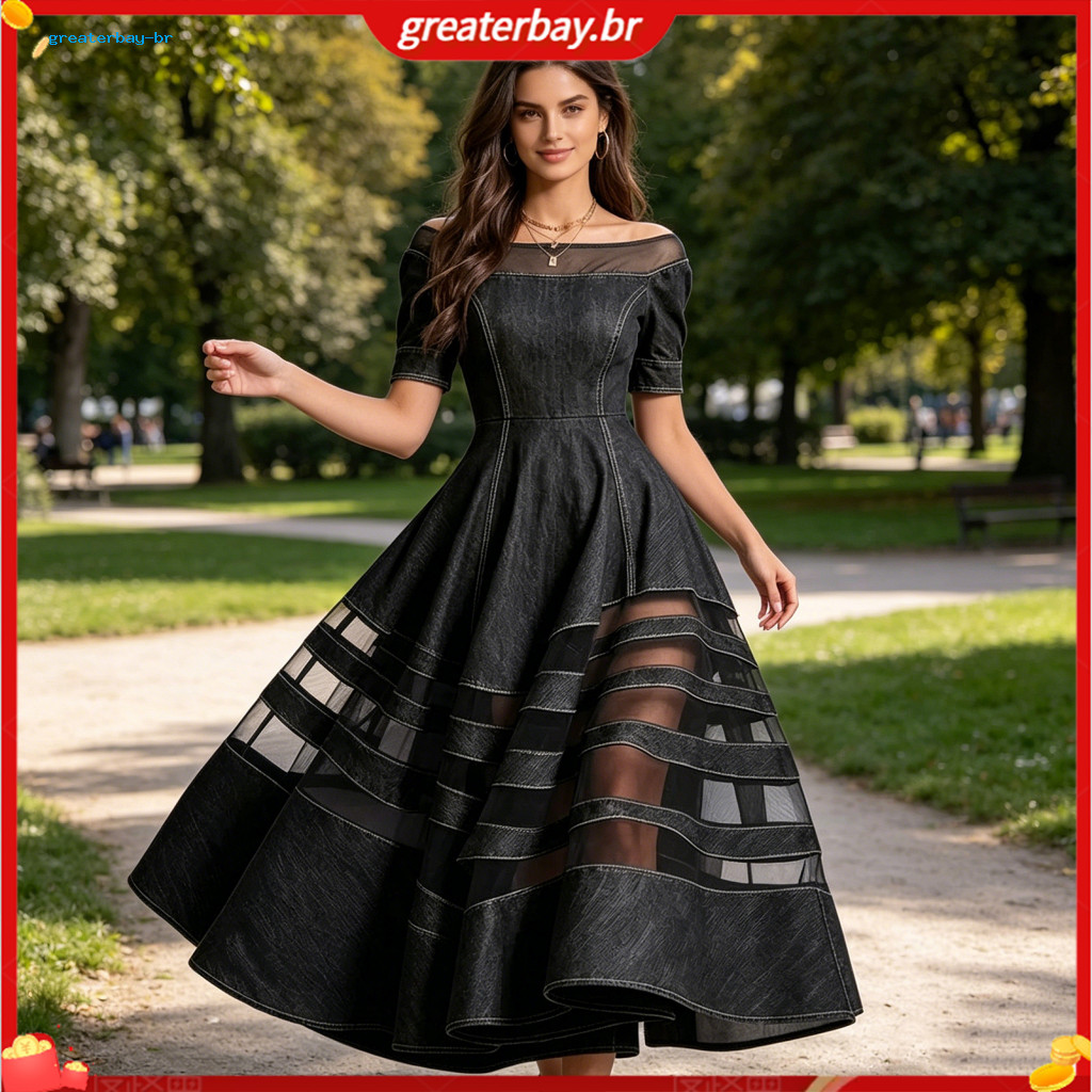 Women’s Off-shoulder Denim Dress with Mesh Patchwork Short Sleeve A-line Swing Summer Perfect for Travel and Vacation