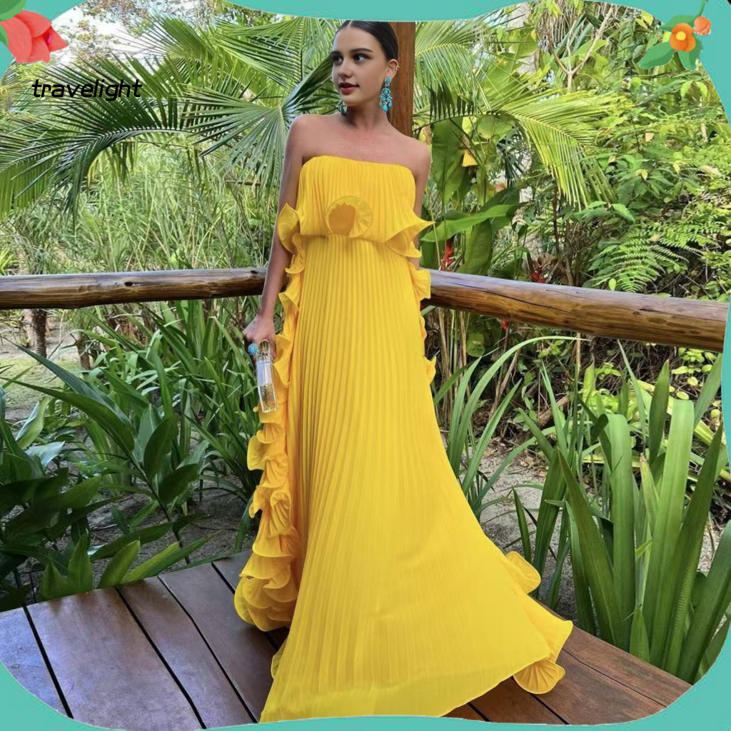 Breathable Women Dress Wrap Women’s Off-shoulder Maxi Summer Ruffle Pleated Swing Long Beach Wedding Party Travel Outf