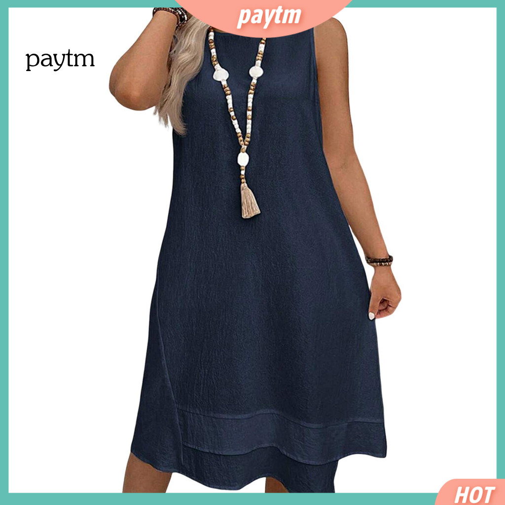 Women Fashion Midi Dress Soft and Light Fabric Women’s Summer Crew Neck Shift Sundress Beach Vacation Holiday Travel L
