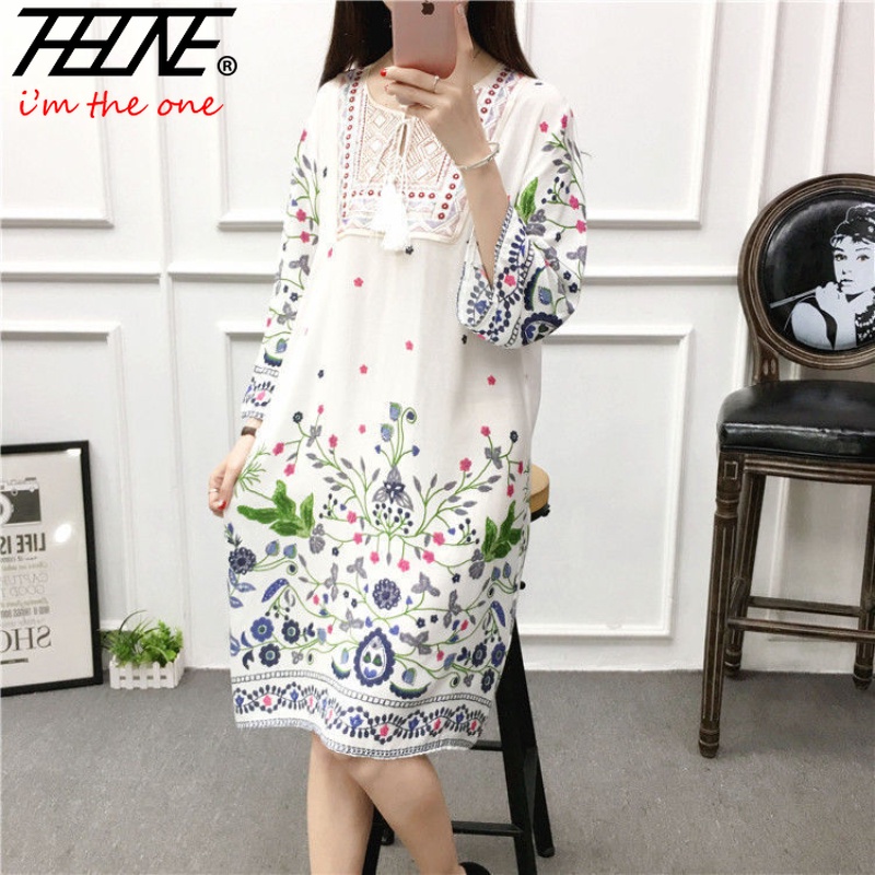 THHONE Indian Dress Women Korean Style Midi Casual Floral Flower Bordado De Viagem De Férias Praia Comprimento Joelho Longo Tassel Impressão Algodão Baju Gaun Ready Stock Vestidos Senhoras