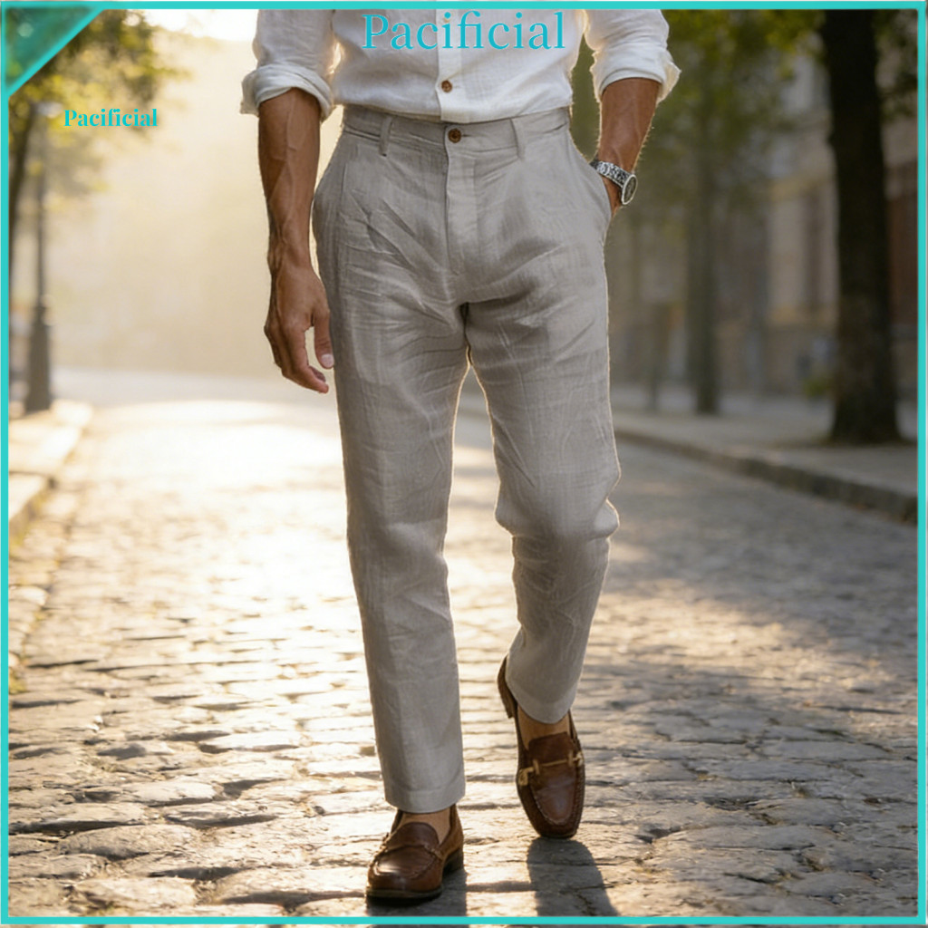 Regular Fit Linen Pants Casual Trousers Men's Plain Color Breathable Dress with Belt Loops for Travel Office Beach Daily