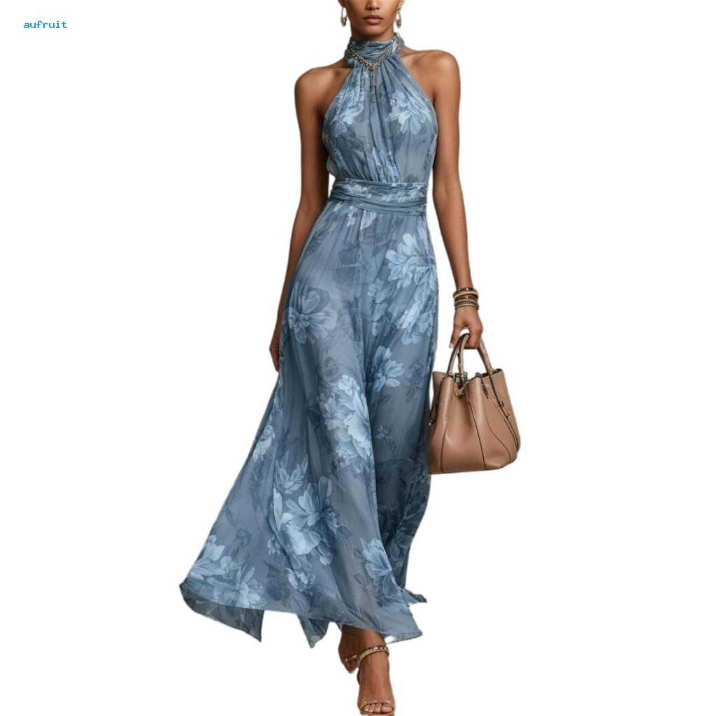 Women Dress Vacation Travel Floral Chiffon Halter Maxi for Ruched Evening Cocktail Elegant Turtle Neck Wedding Guest Lig