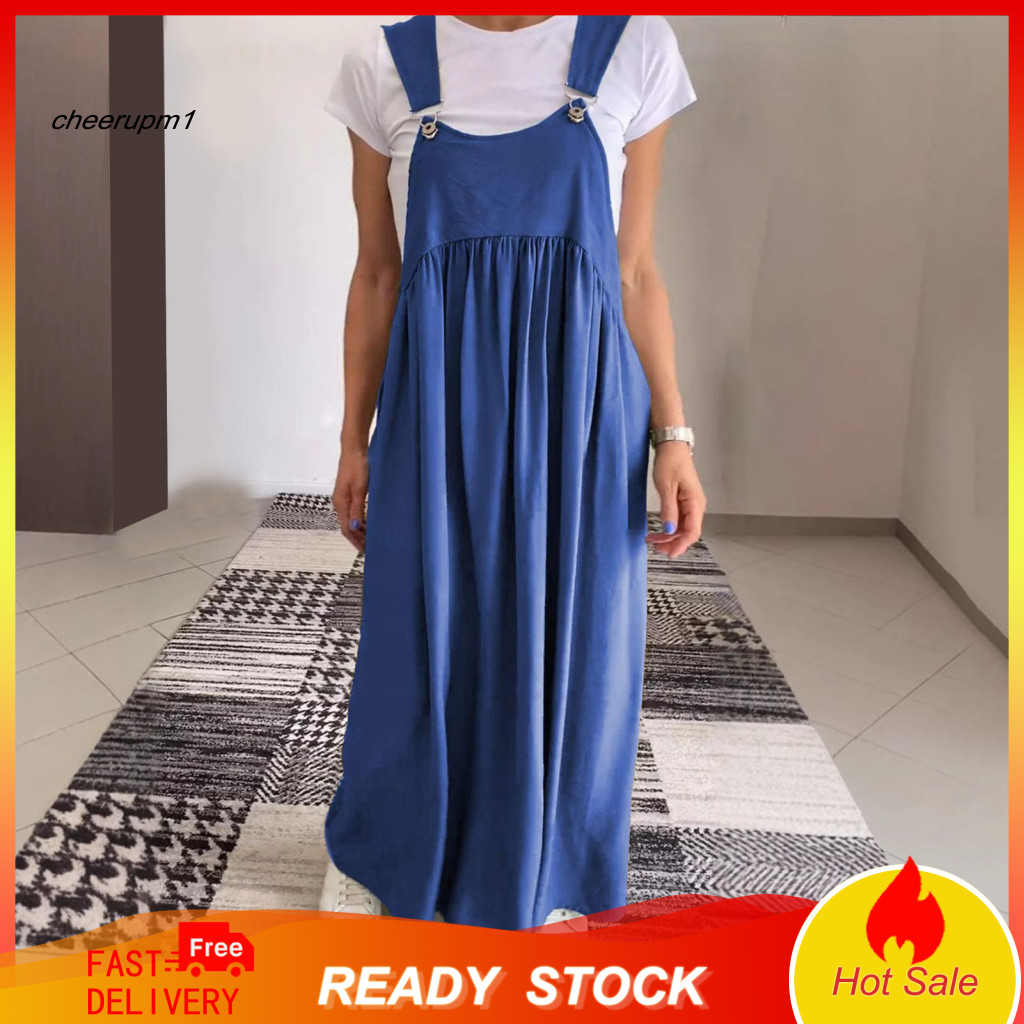 Pleated Detail Long Dress Summer Suspender Women’s Oversized Backless Maxi Collarless Solid Color for Travel Beach Wea