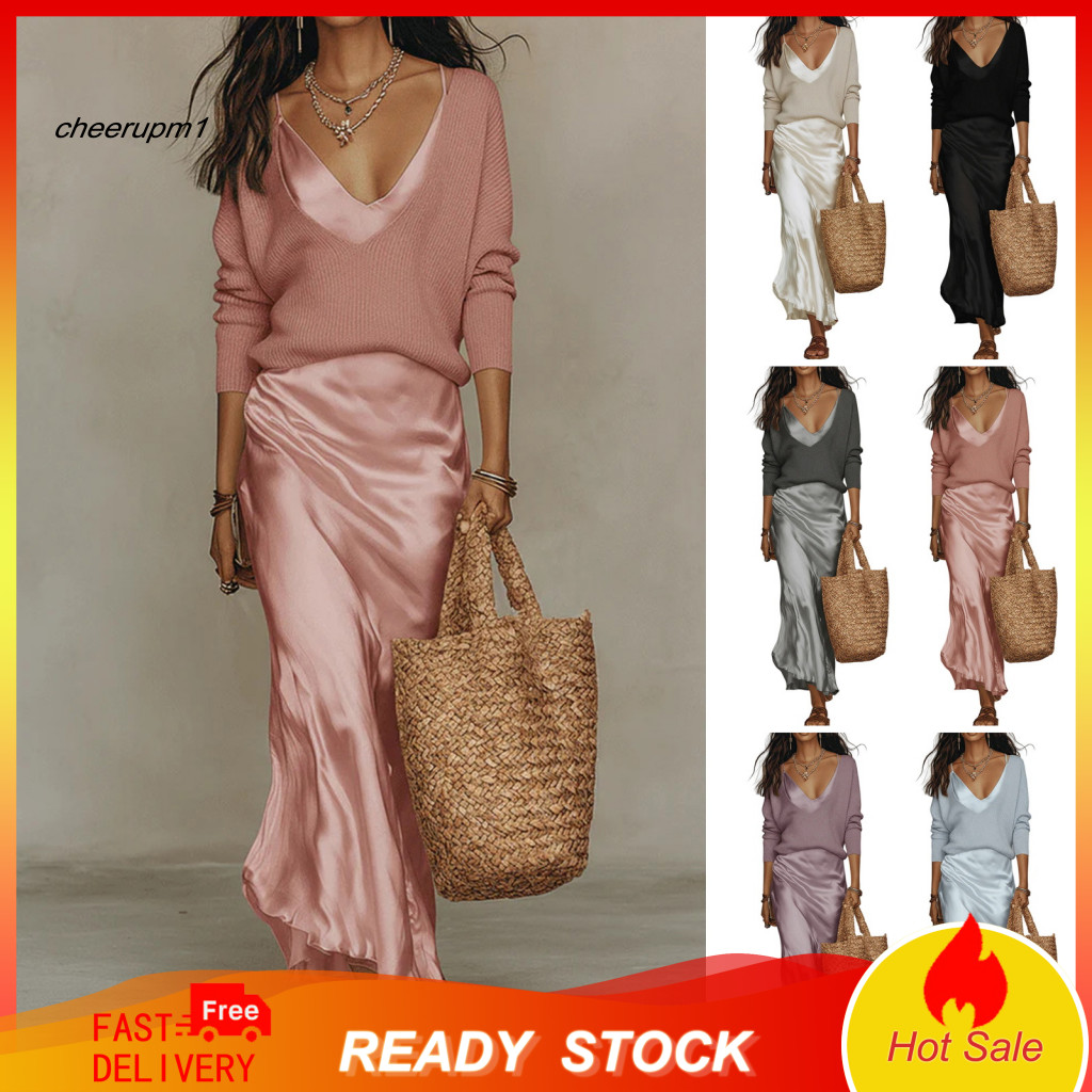 Women Outfit Set V-neck Long Sleeve Top 2 Piece Dress V Neck Knit Satin Spaghetti Strap Maxi Stylish Travel Vacation Mat