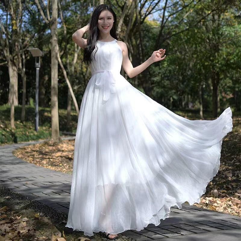 Foto De Viagem Saia Longa Do Deserto Branco Feminina Extra Vestido Chiffon De Baloiço Longo Slimmer Look Seaside Holiday Beach Dress