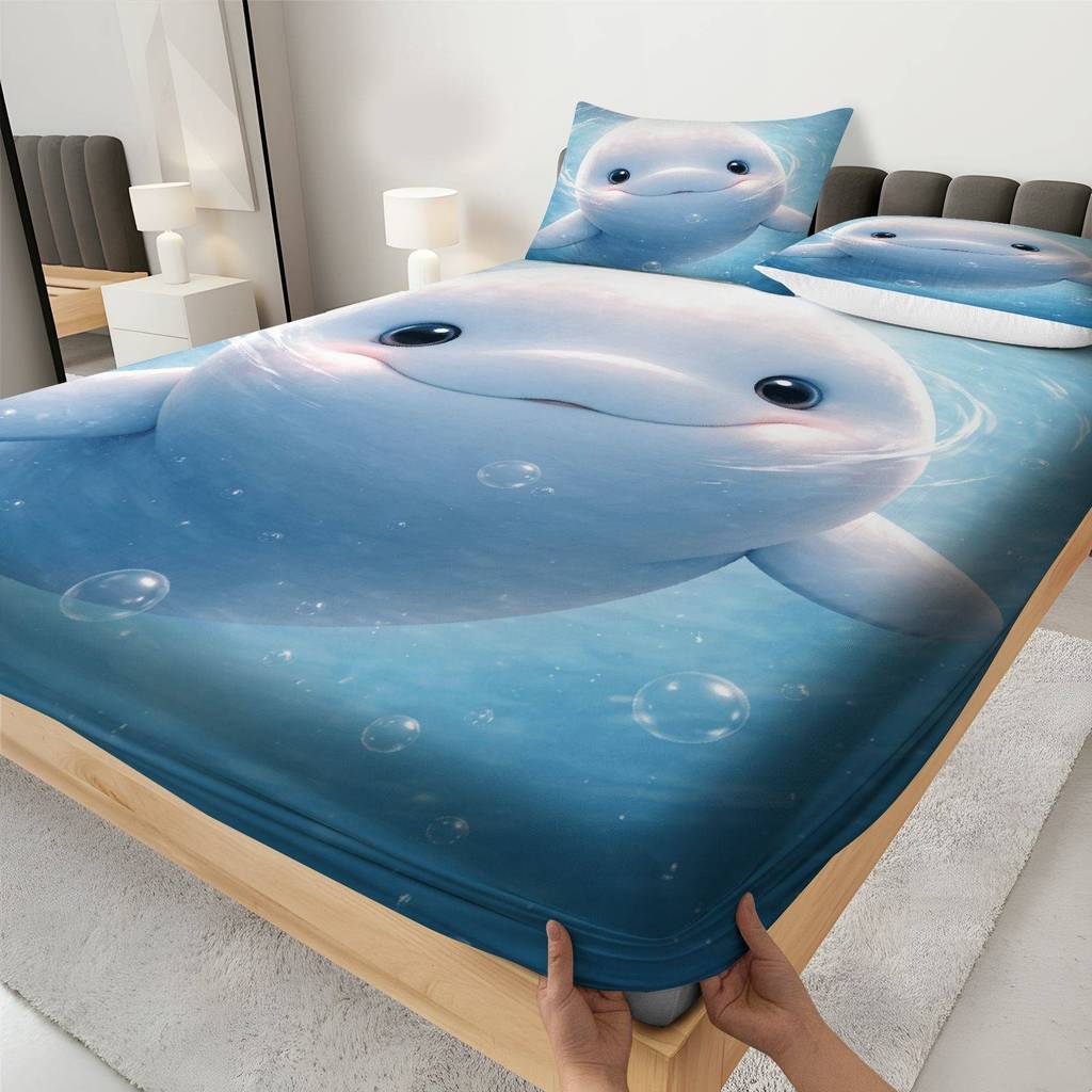 Conjunto De Três Peças De Lençol Fofo Whale Ocean Fantasy (1 Justo + 2 Fronhas, Sem Núcleo)