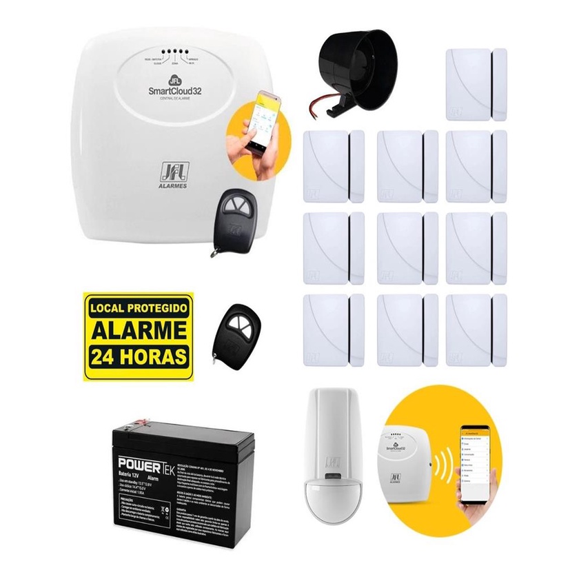 Kit Alarme Residencial JFL SmartCloud 32 Wi-Fi + 10 Sensores + App Celular + Sirene Completo