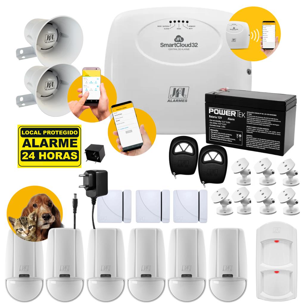 Kit Alarme JFL SmartCloud 32 Zonas Wi-Fi com 10 Sensores, 2 Sirenes, Controles e Bateria