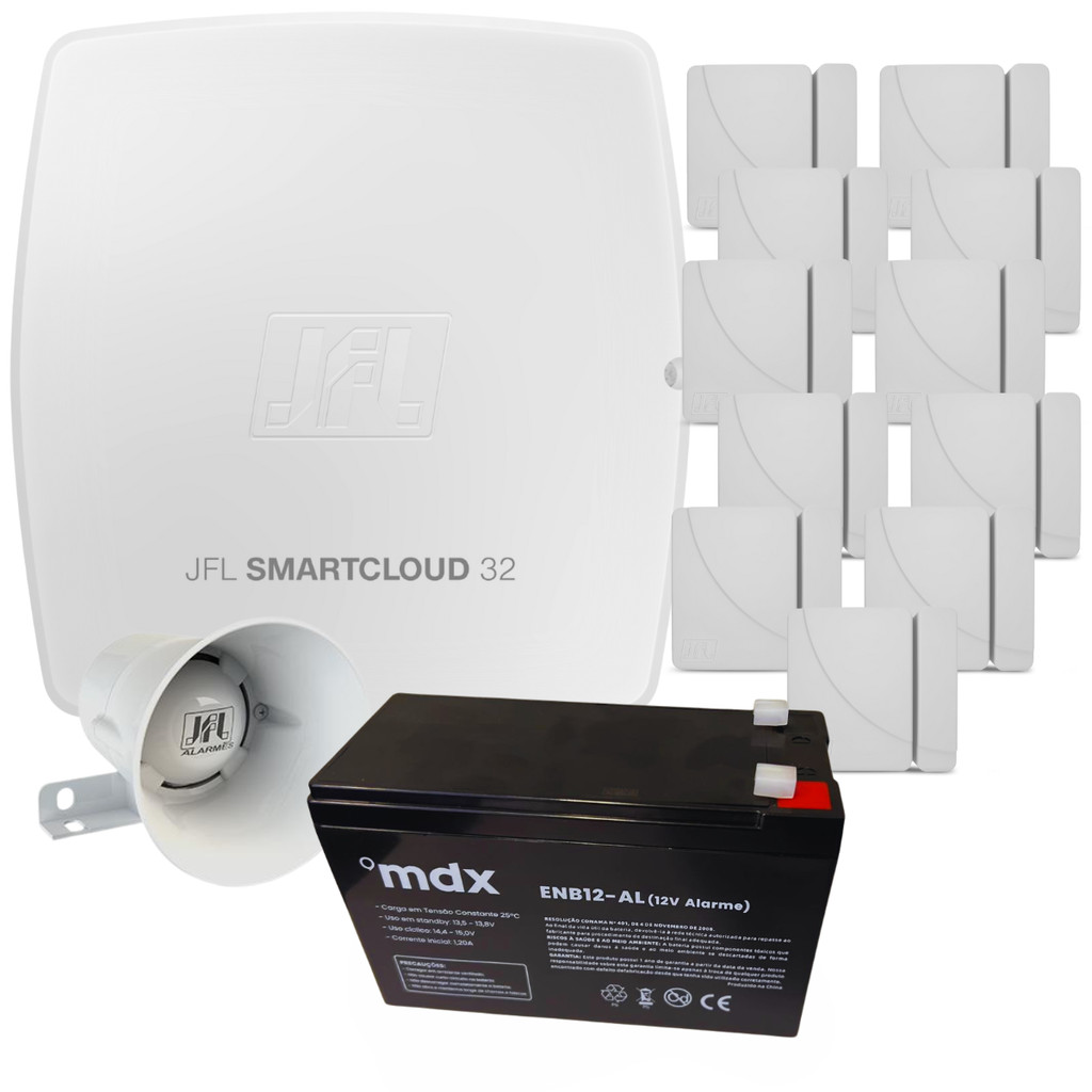 Kit Alarme JFL Smartcloud 32 Zonas | Wi-Fi, 11 Sensor de Abertura Sem Fio, Sirene 120dB, Bateria Backup Inclusa